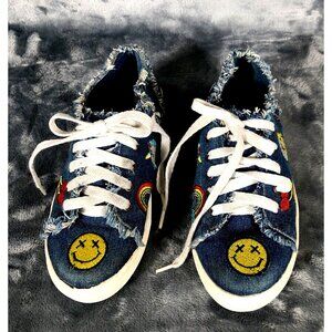 Denim Canvas Sneakers With Embroidered Smiley & Icons Frayed Detail